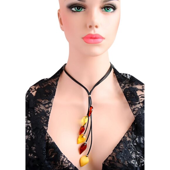 Amber Statement Necklace-Layered Leaf Design - Picture 4 of 5